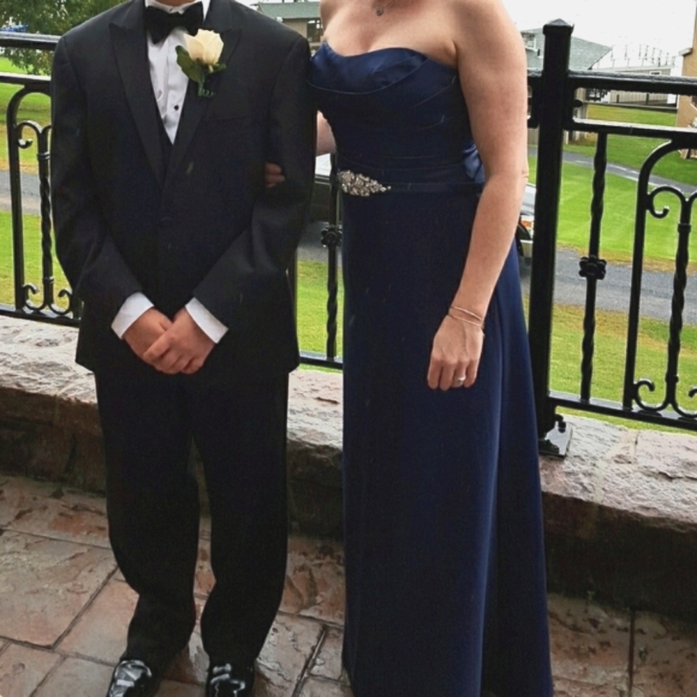 Navy blue Satin shelf bust gown with rhinestone bling belt 6